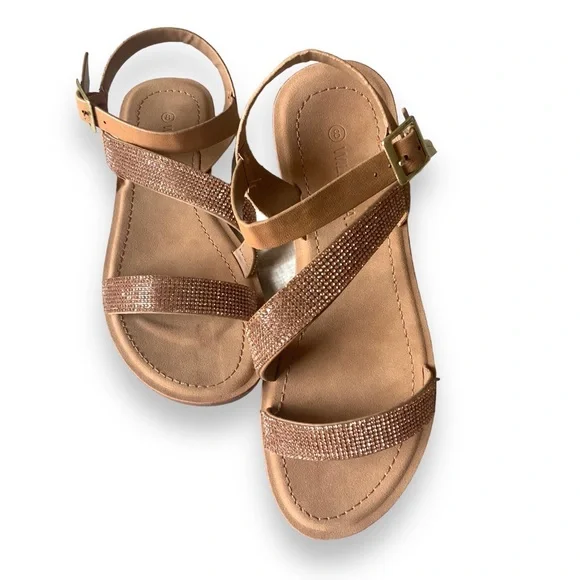 Vegan Leather Faux Rose Gold Rhinestone Detail Side Buckle Sandals - Picture 5 of 10